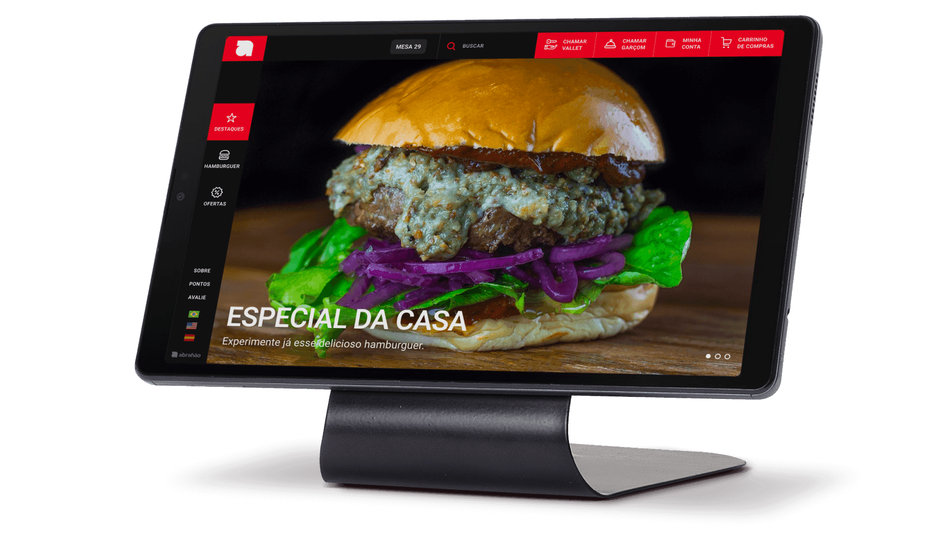 Cardapio digital OrdenGO aberto em um tablet de restaurante